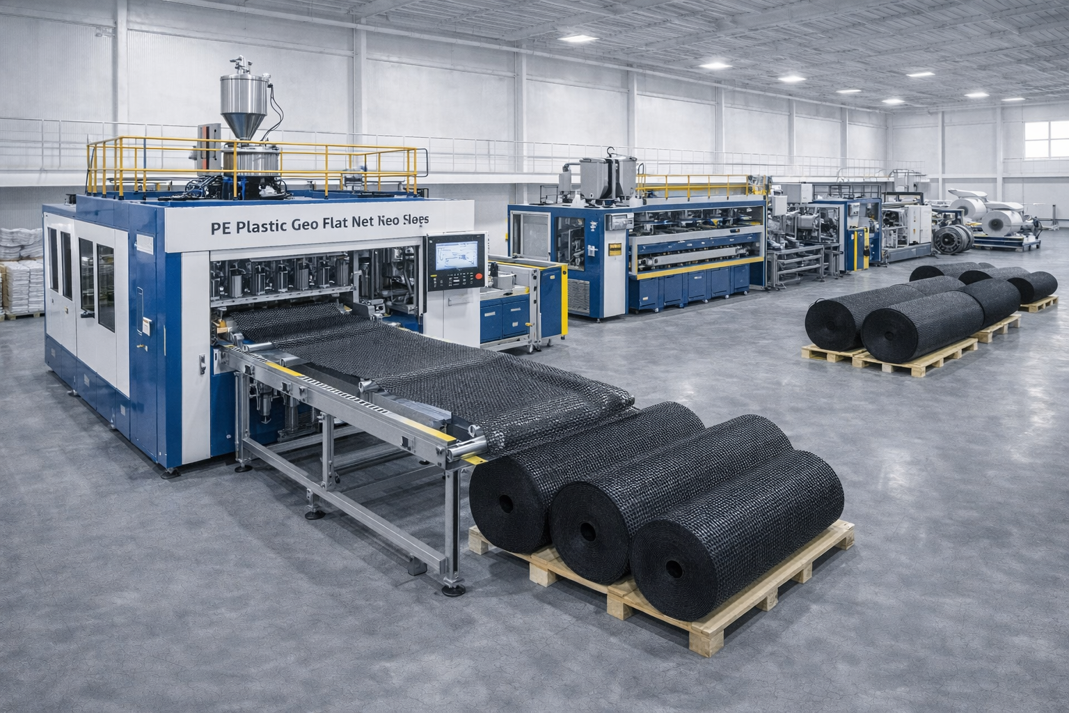 Flat net and technical plastic mesh production plant
