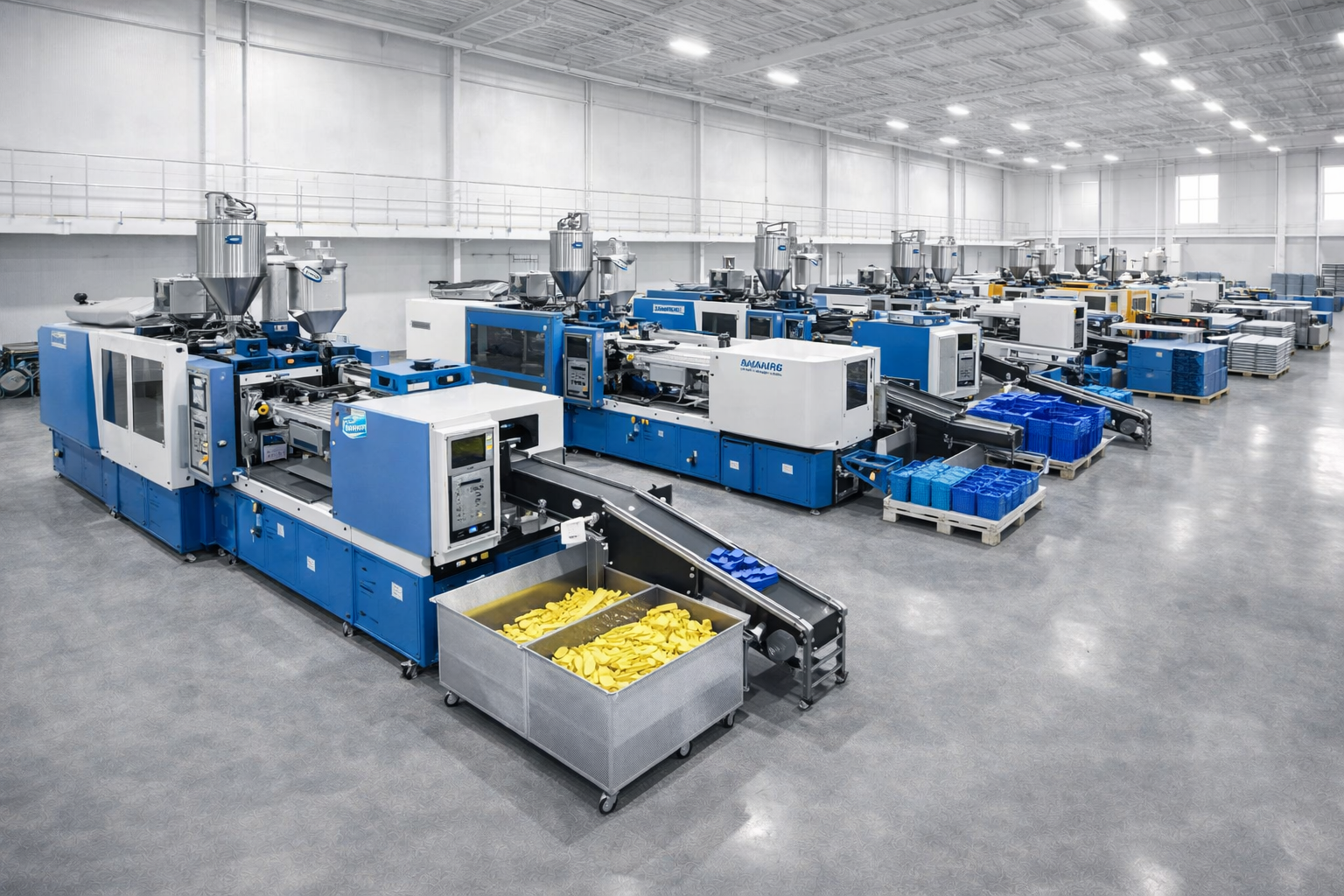 Injection molding plant for electronics and plastic components