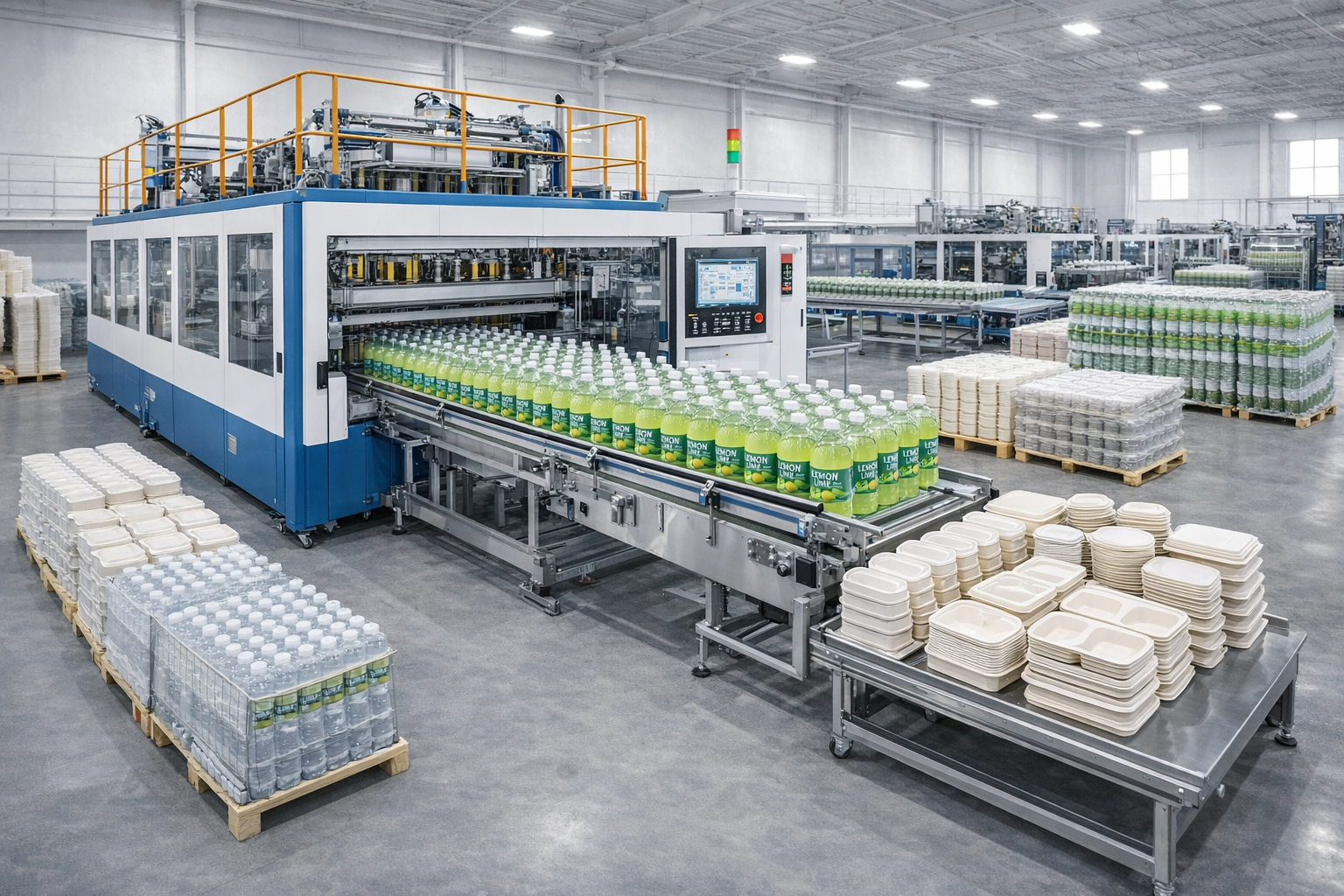 Thermoforming and packaging production plant